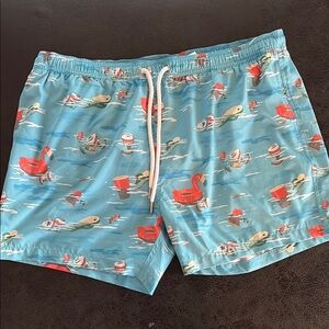 Men's Blue Swim Shorts with Red and White Print